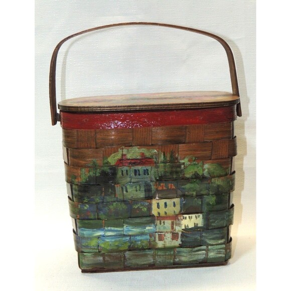VTG 60s‎ Hand Painted Wooden Picnic Basket Handbag (Bonus 2 VTG Stamps) - Picture 6 of 16